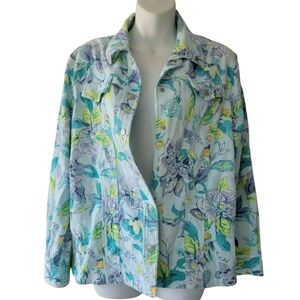 Vintage Turquoise Jean Jacket Stretch cotton Floral Clear Sequins Alfred‎ Dunner